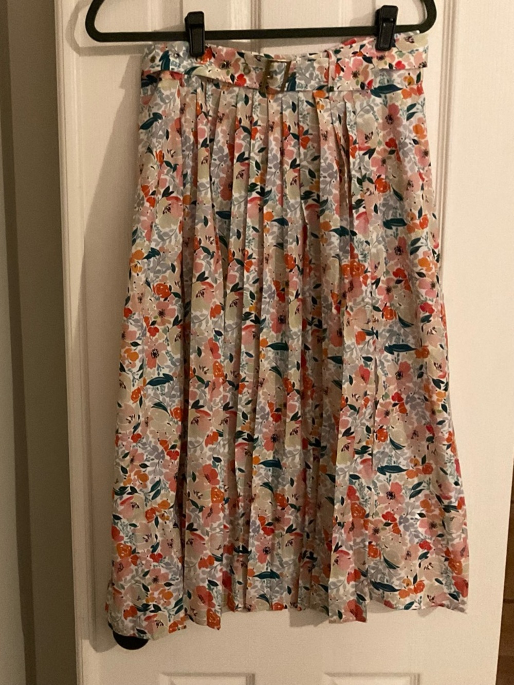 Molly Bracken Cream Floral Pleated Midi Skirt with Pink, Orange & Teal Accents